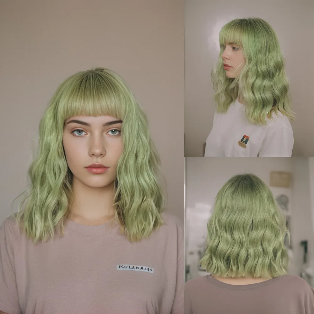 

SNQP Fashion Green Short Wig with Bangs Curly Hair New Stylish Hair Wig for Women Daily Cosplay Party Heat Resistant Natural