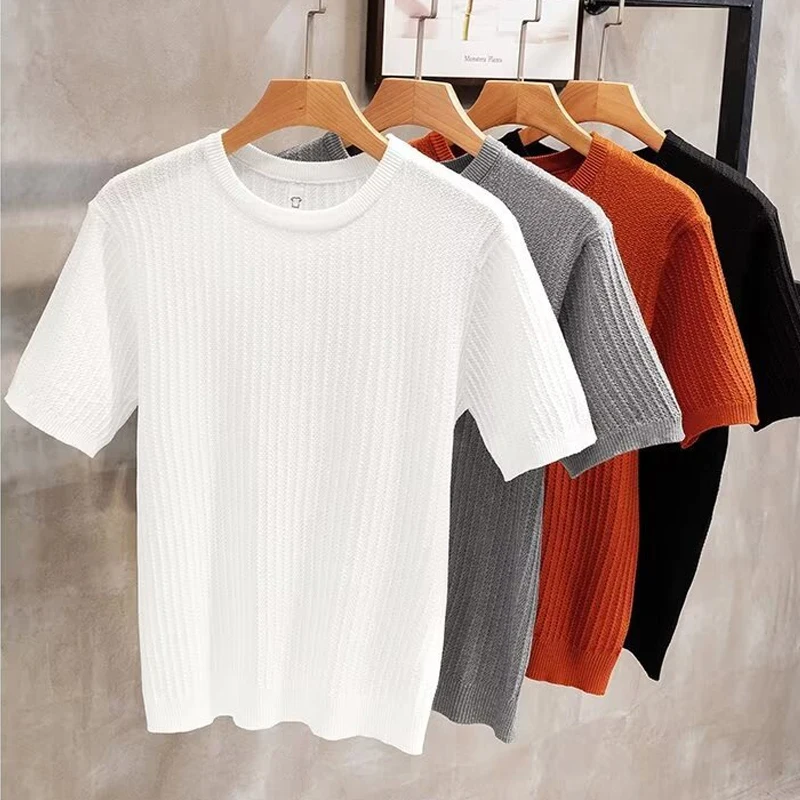 

Fashion Slim Fit Knit Bottom T-shirts Men Casual Solid Color Short Sleeve Crew Neck Knitted Pullover Men's Knitwear Leisure Tees