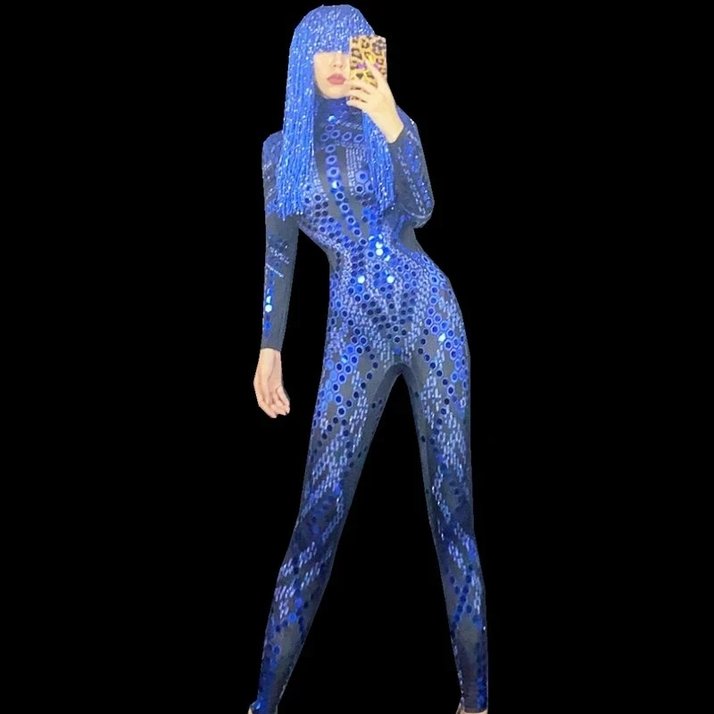 

Womens Show Costume Stage Wear Nightclub Modern Blue Sequined Long Sleeve Jumpsuit Singer Birthday Celebrate Party Outfit