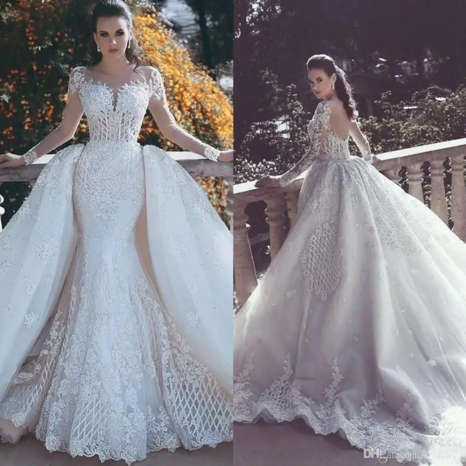 

New Mermaid Lace Wedding Dresses With Detachable Train Sheer Neck Long Sleeves Beaded Overskirt Dubai Arabic Bridal Gowns