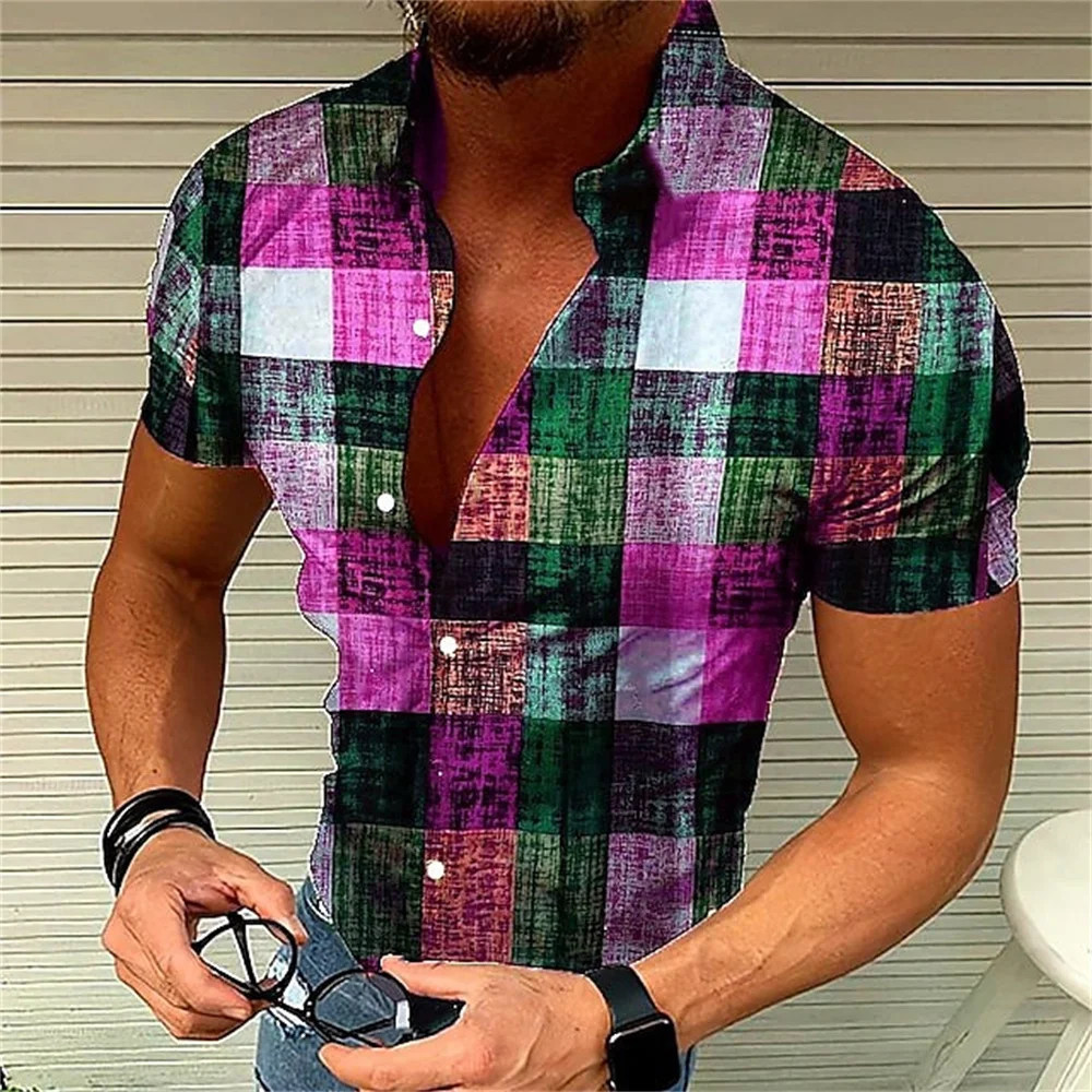 Men's retro plaid short sleeved flip collar printed shirt for street leisure and high-quality vacation designer clothing 3