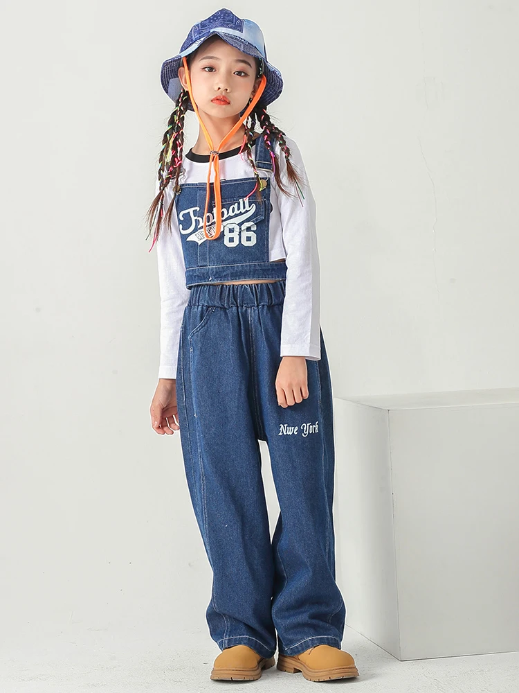 Girls Denim Suit Jazz Dance Costumes Navel Loose Vest Street Dance Wear Children'S Performance Catwalk Hip Hop Clothing DQS9286