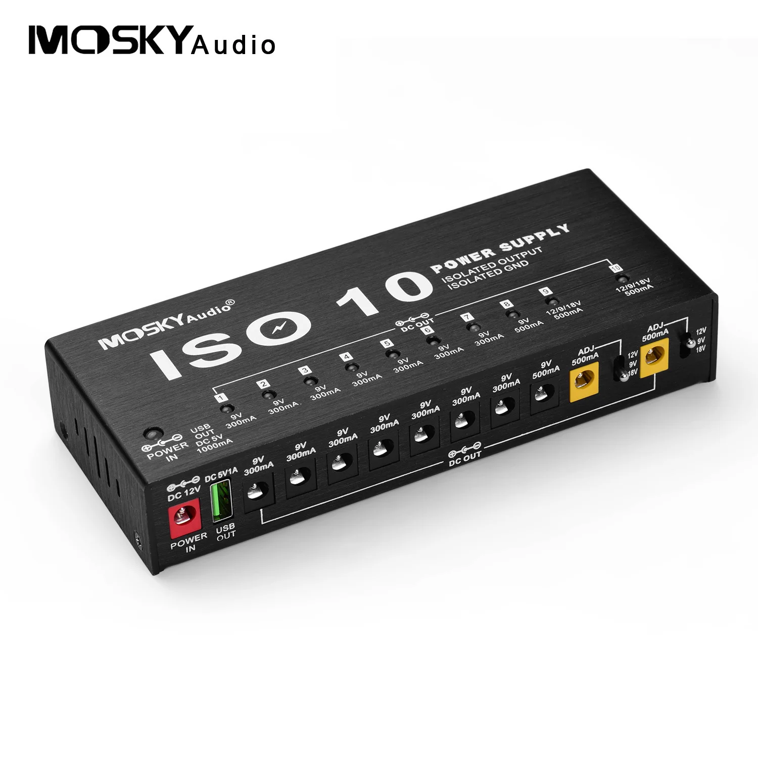 MOSKYAudio ISO-10 Portable Guitar Effect Power Supply Station 10 Isolated DC Outputs USB Output for 9V 12V 18V Guitar Effects