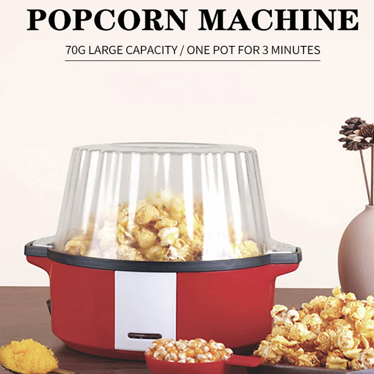 Electric Popcorn Maker Machine Air Popper Popcorn Maker 5L Large Capacity  with Large Lid Bowl Fast Making DIY 850W Retro Red Round Air Popper Popcorn