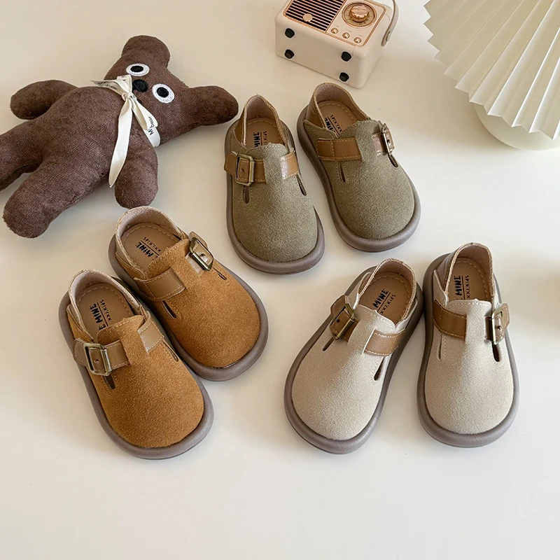 Kids Leather Shoes Boys Casual Girls Loafers Fashion Buckle Round-toe Britain Style Breatheable