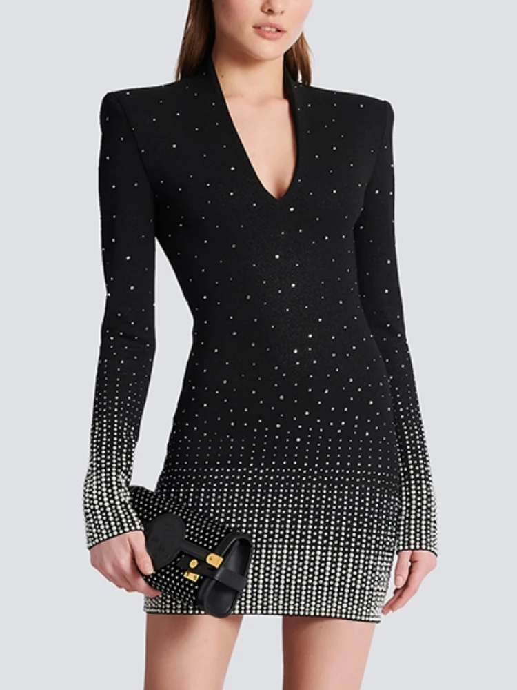 

Autumn Sexy V Neck Long Sleeve Beading Mini Dress Women BlackTight Diamond Embroidery Knitted Dress Evening Party Club Dresses