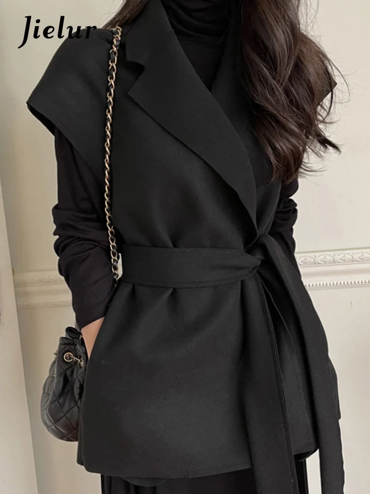 Jielur Korean Style Winter Simple V-neck Vests Solid Color New Belt Slim Waist Fashion Office Ladies Casual Elegant Women Vests