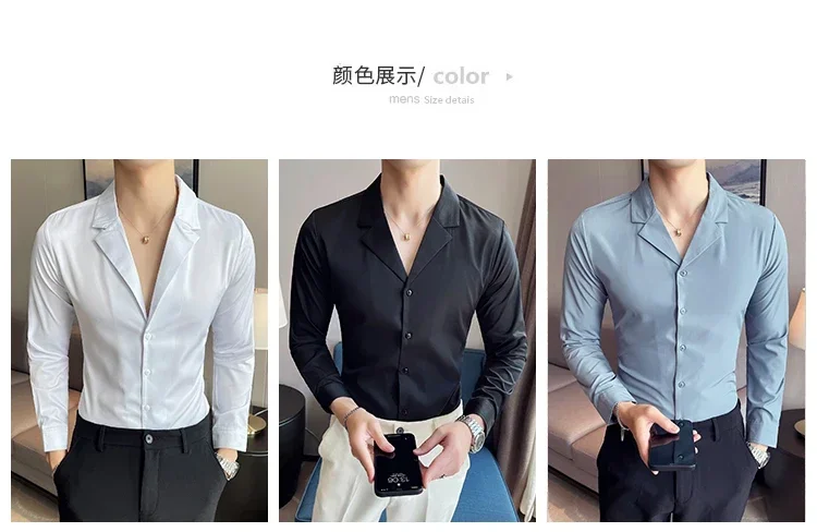 Description Picture 4 of item2022 Fashion Men Shirts Long Sleeve Casual Slim Fit Dress Shirts V-neck Streetwear Formal Social NightClub Party Tuxedo Clothing