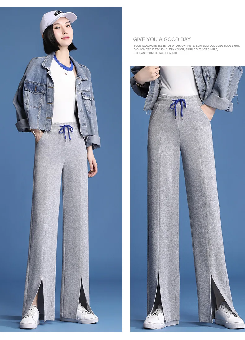 plaid pants 2022 Spring Summer Split Wide-leg Pants Women High-waist Slim Loose Straight Leg Pants Female Drawstring Casual Sports Trousers capri jeans for women