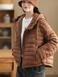 Hooded Women Down Clothing Autumn Winter Fashion Zipper Warm Solid Color Multi Pockets Literary Simple Office Lady Casual Coats