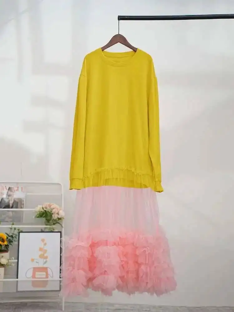 [EWQ] Long Sleeve Big Size Women Yellow Stitching Mesh Sweatshirt Dress  Elegant O-neck Vestidos Winter 2025 Autumn Pullover Robe