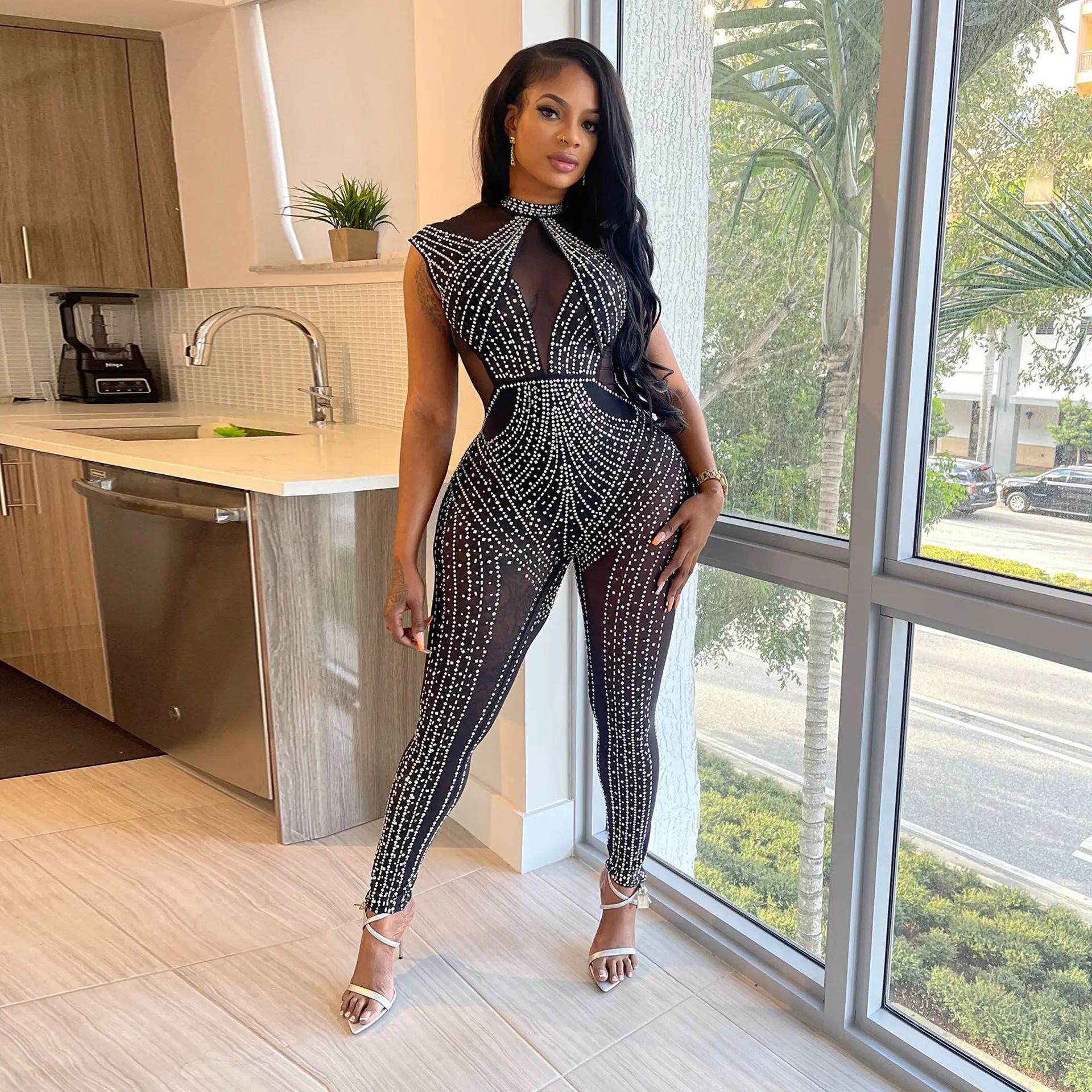 

Zoctuo Black Crystal Jumpsuit Women Dressy Wedding Elegant Sleeveless Sparkly Rhinestone Mesh Skinny Jumpsuits Party Club Night