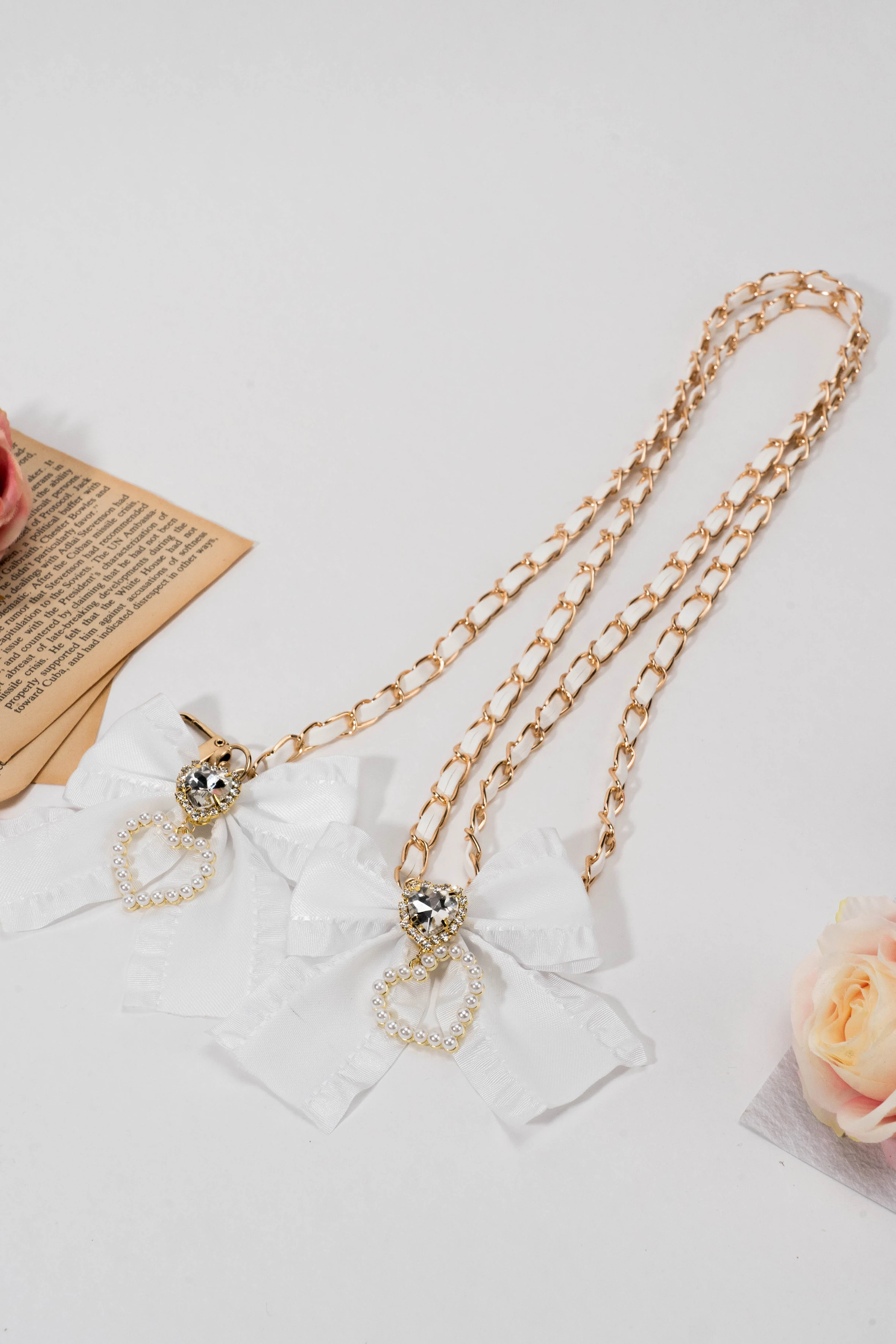 Japanese Fashion High-End Women's Bow Chain Mobile Phone Charm Card Bag Strap Accessories Sweet Cute Diamonds Pearl Metal Chain