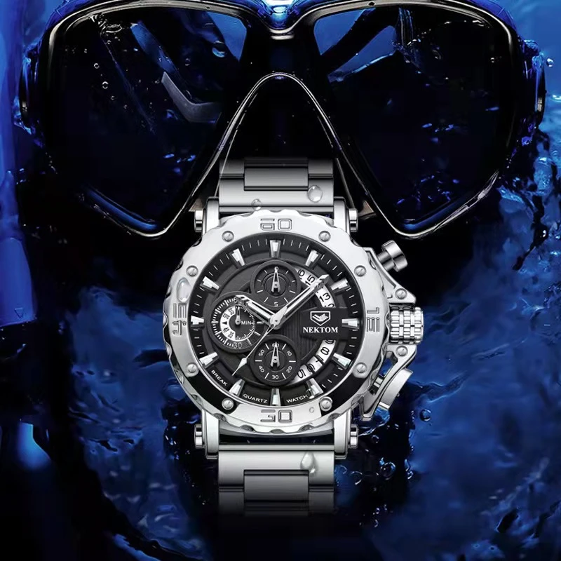 NEKTOM Watches for Men Luxury Calendar Quartz Sport Men Waterproof Watches Steel Case Male Date Wrist watch reloj hombre