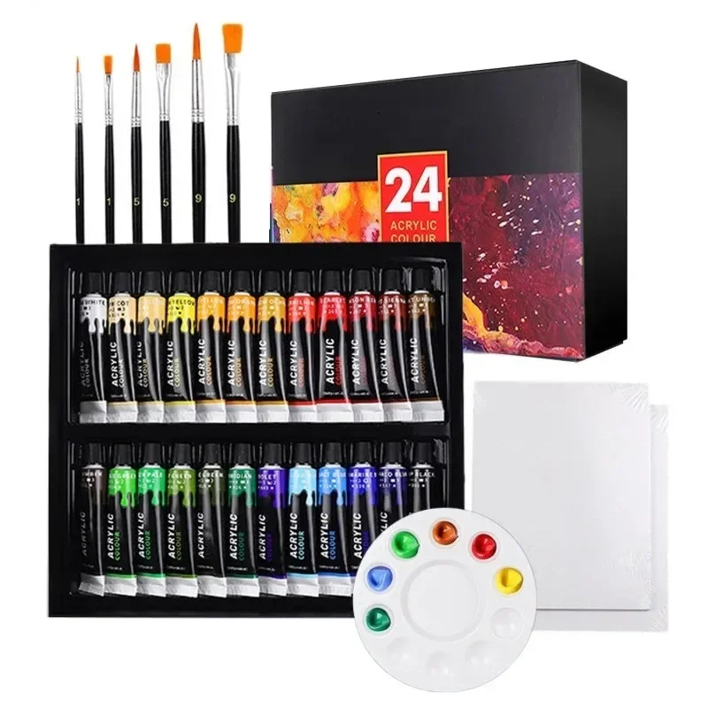 12/24 Acrylic Paint With Brush And Palette 12 ML Waterproof Acrylic Paint Tube for Wood/Canvas/Fabric Artist Drawing Set