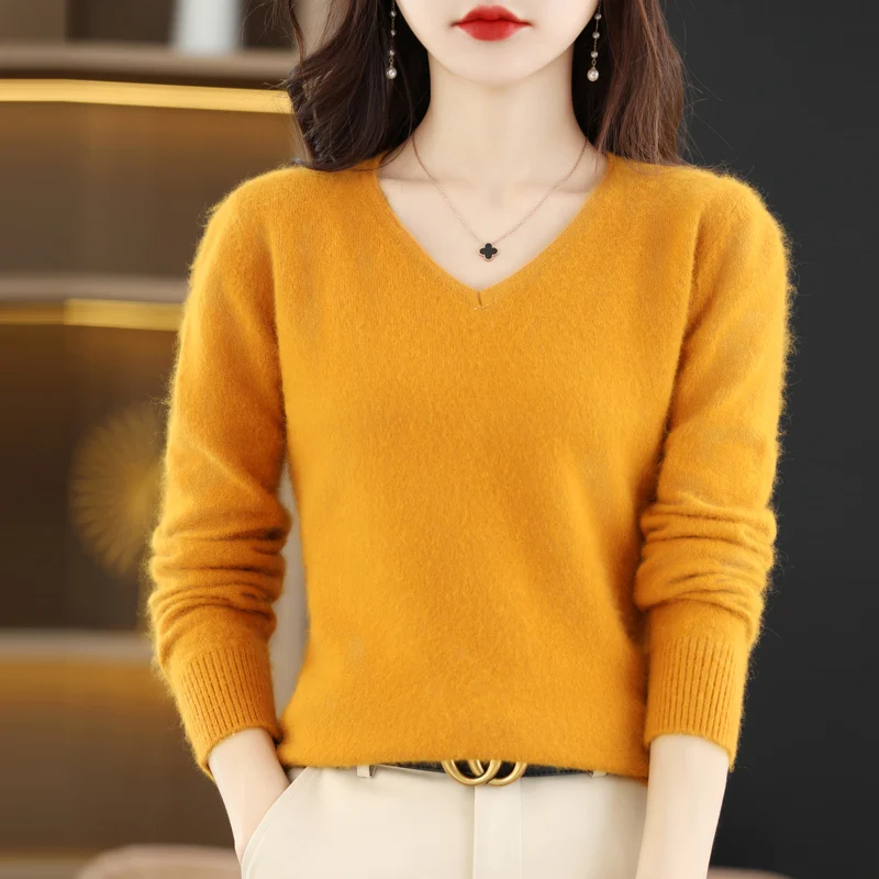 BELIARST 2024 Autumn Winter New Women's Clothing Sweater 100% Mink Cashmere Velvet V-Neck Pullover Knitted Large Size Tops 2
