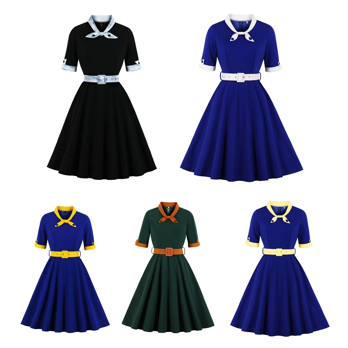 

Elegant Women Vintage Dress Bow V-Neck Retro Rockabilly Cocktail Party Sundress Short Sleeves 50s 40s Swing Flare Summer Dress