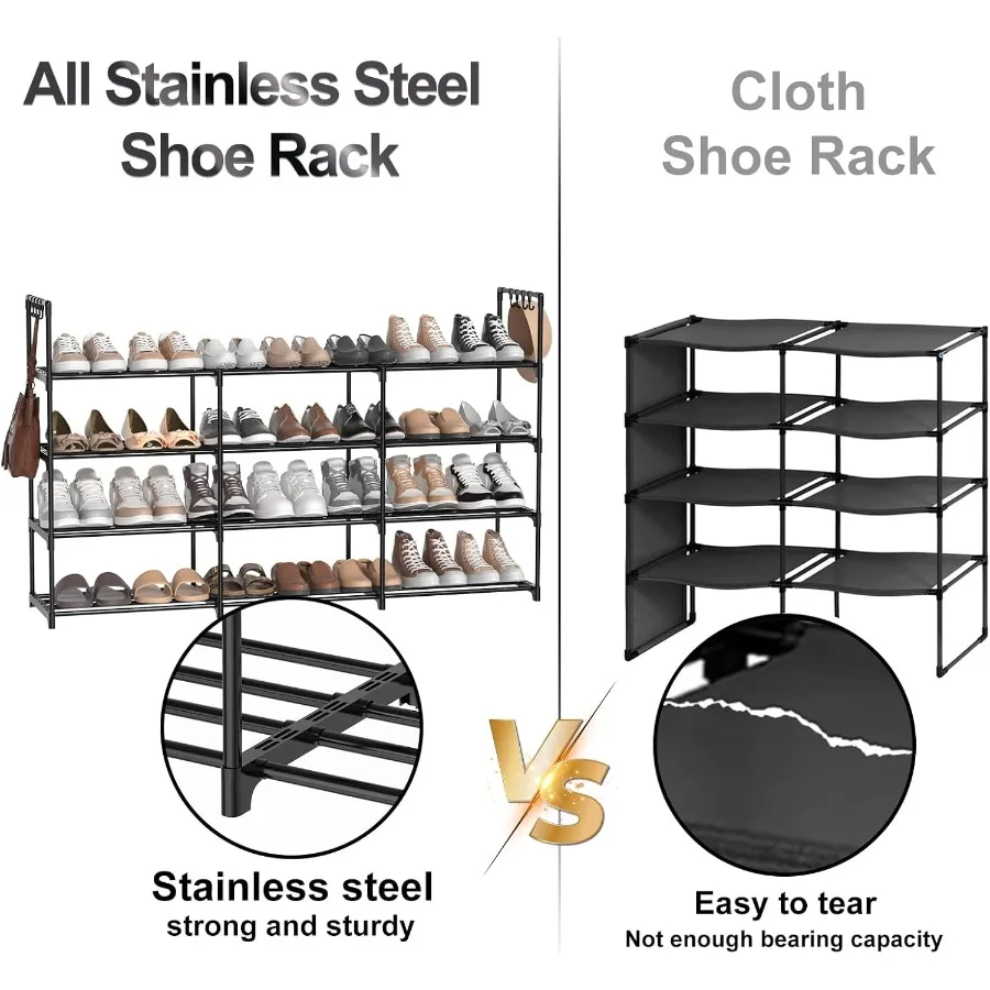 3Row 4Tier Shoe Rack Black Metal Stackable Shoe Shelf with Multifunctional Hooks Hold 2430 Pairs Space Saving Shoes Organizer f