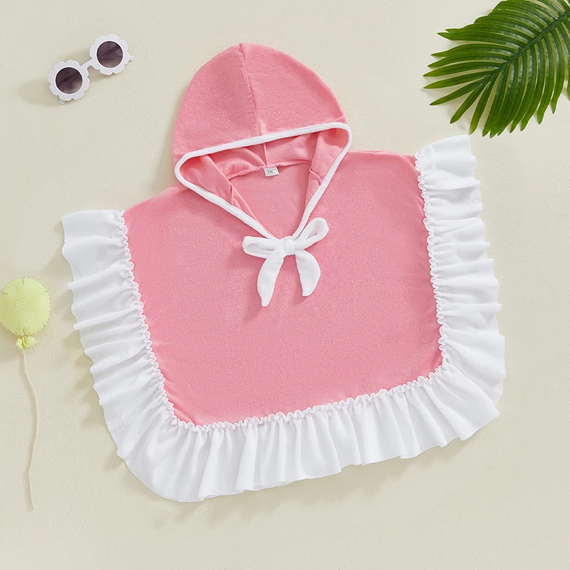 1-4Years Kids Baby Girl Hooded Poncho Towels Toddlers Contrast Color Bow Ruffled Loose Fit Beach Robe Cover-ups Swimwears children swimwear