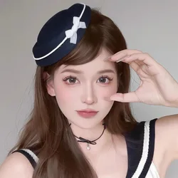 Velvet Navy Bow Beret Hairclip - Elegant British Style Hair Accessory (Black)