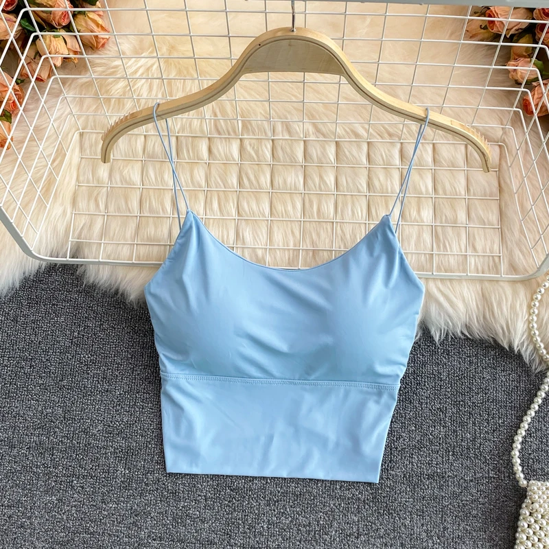 Description Picture 4 of itemNew Summer Ice Silk Vest Top Women Sexy Built In Bra Off Shoulder Sleeveless Camisole Underwear Crop Tops Sports Spaghetti Strap