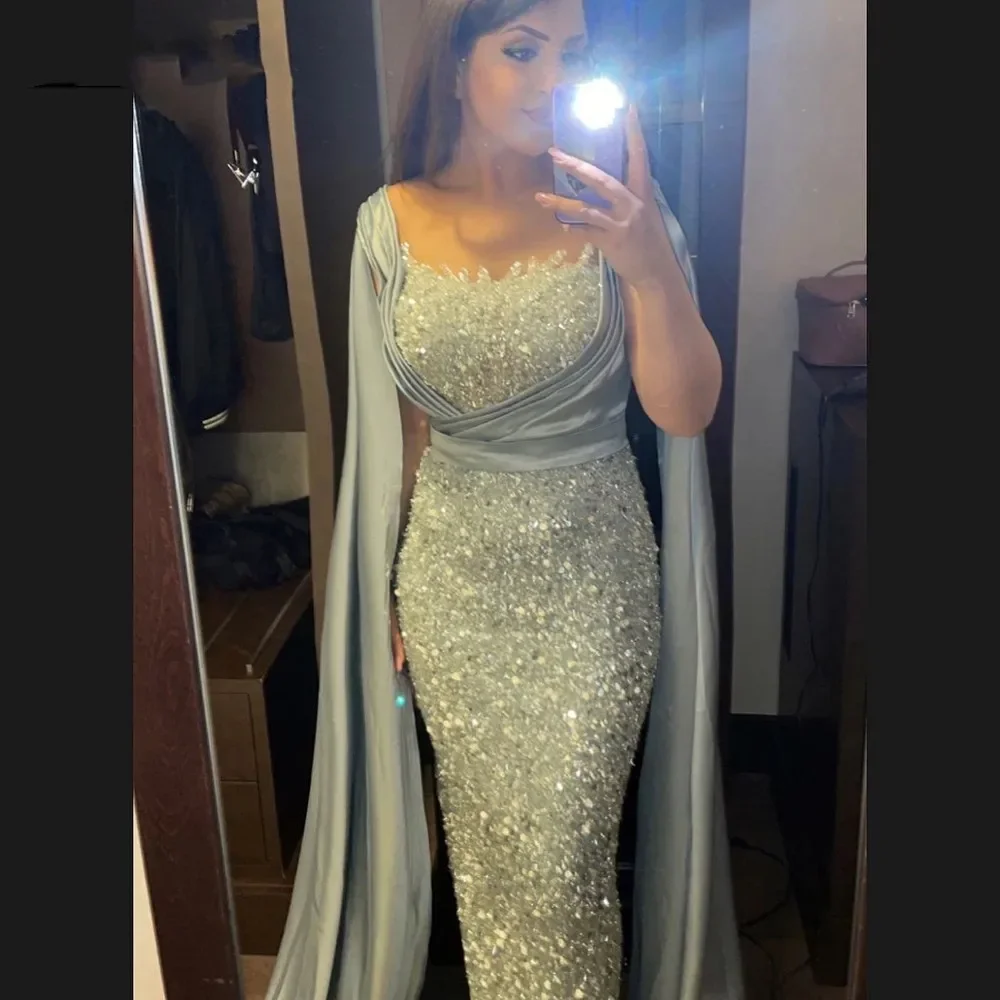 

2023 Luxury Silver Evening Dresses With Cape Sequin Dubai African Mermaid Prom Party Dress vestidos de noche Formal Evening Gown