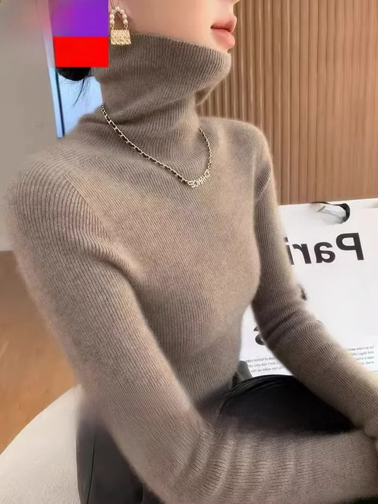 Autumn Winter Thiened Slim Fit Camere Sweater High Collar Knitted Woolen Base irt Pure Color Commute Sle Long Sve