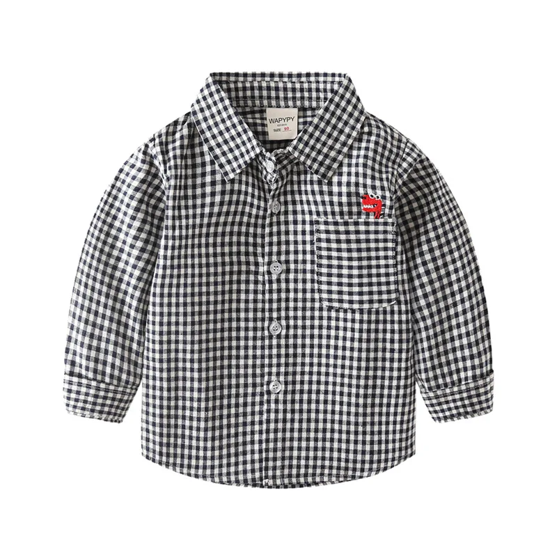 Spring Autumn Kids Boys Shirt Cotton Plaid Embroidery Cartoon Dinosuar Tops Long Sleeve Turn Down Collar Children Boy Shirt