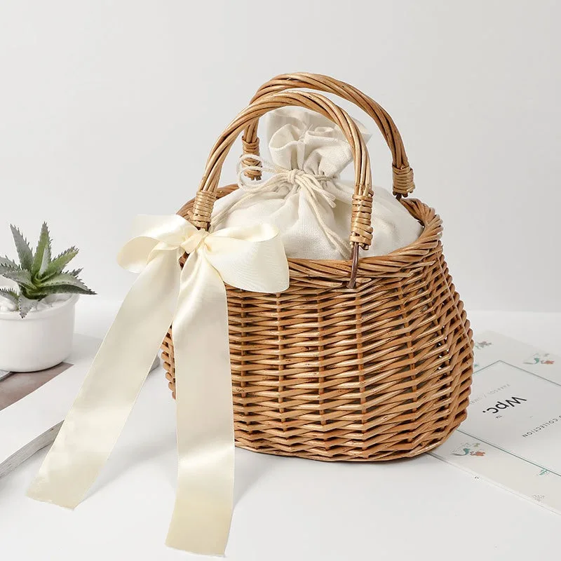 Wicker Flower Basket Rustic Style Woven Handbag Handmade Rattan Woven Trendy Concise Women Handbag Picnic Fabric Rattan Basket