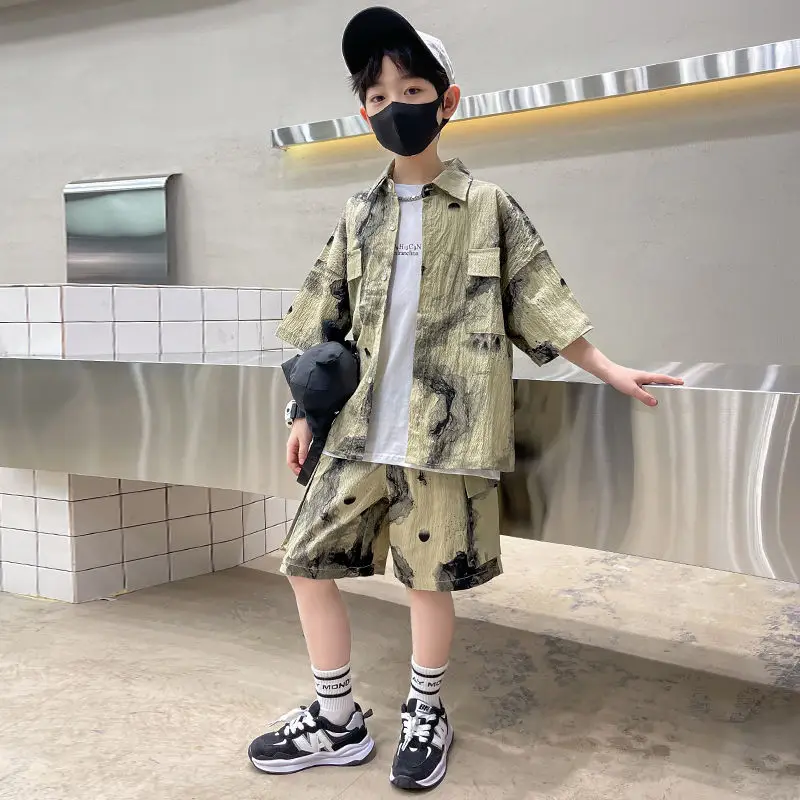 

2023 Summer Children Boy Clothes Sets Kids 2pcs Short Sleeves Shirt Suits Fashion Shorts Child Clothing Suits FOR 12 14 YEARS