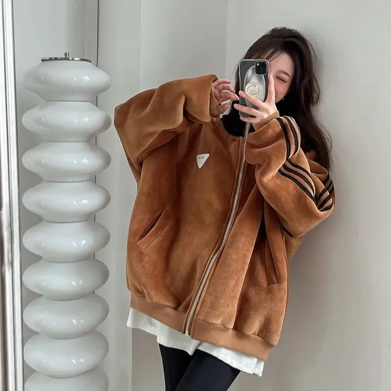 Anti Lamb Wool Coat Women Fat MM2023 Winter New Korean Version Loose Simple Versatile Plus Fleece Thickened Baseball Jersey Top