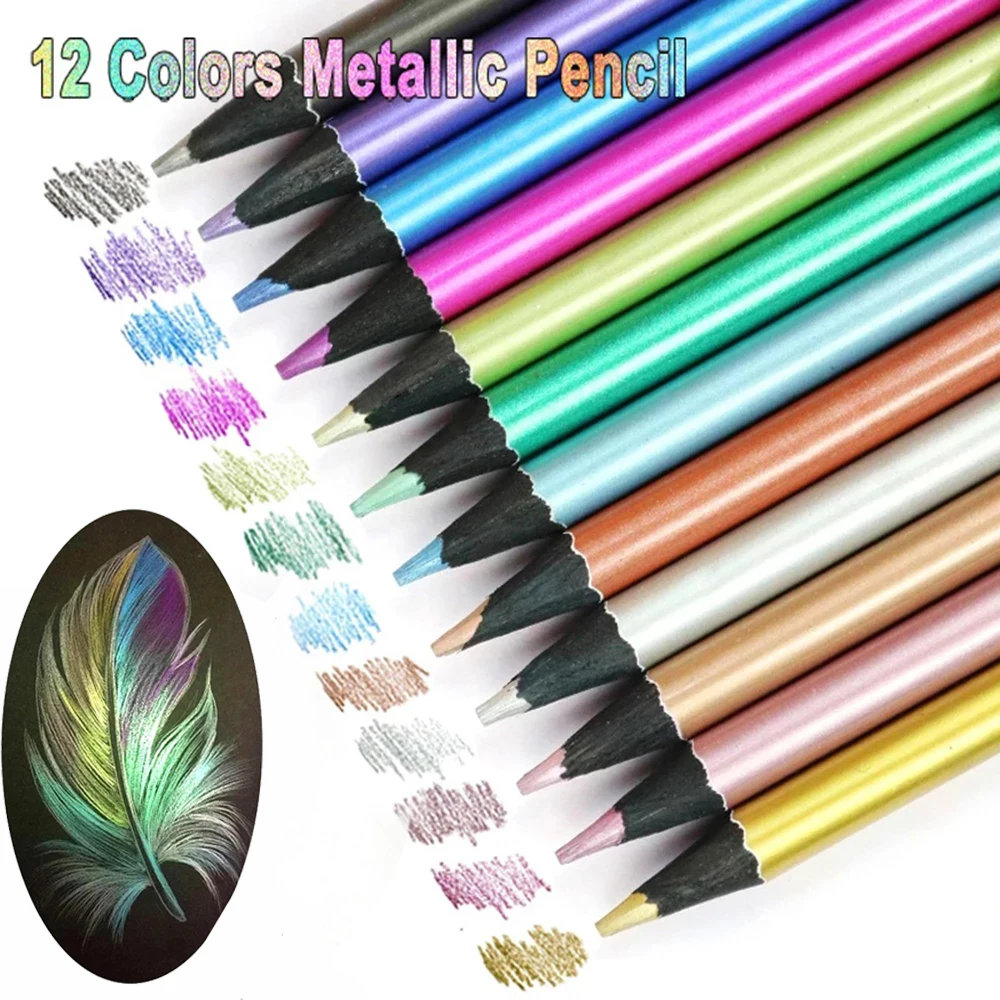 12Colors Metallic Pencil Drawing Sketch Pencil Set Soft Wood Golden Color Pencil for School Student Stationery Art Supplies