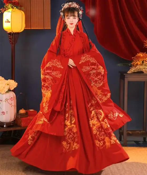 

Китайское свадебное платье Hanfu, весеннее женское винтажное красное традиционное платье с вышивкой дракона и феникса