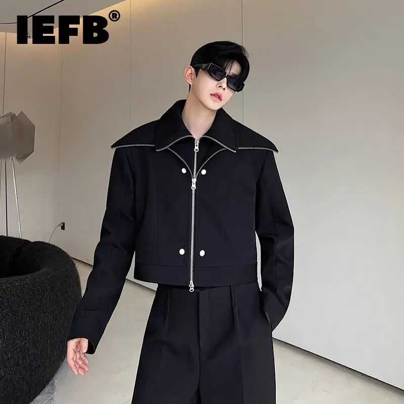 

IEFB Trendy Men's Short Jacket Double Collar Zipper Fake Two-piece Patchwork Male Jakets 2023 Autumn Solid Color Top 9C2882
