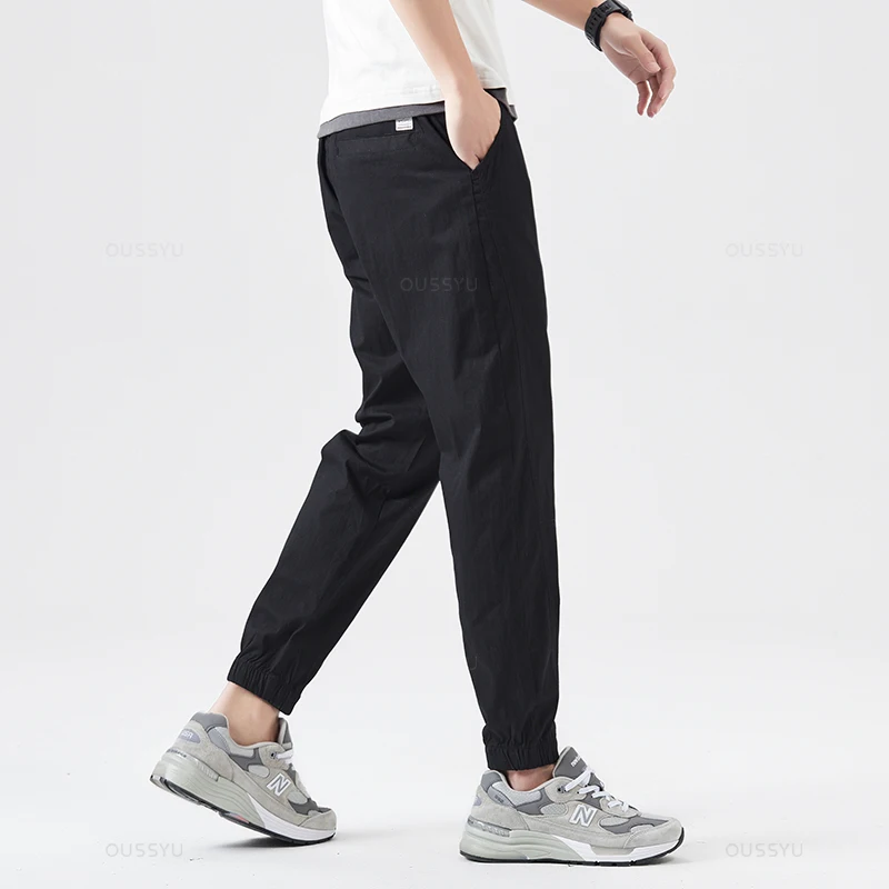 Men Cotton Harem Pants Spring Summer Ankle Length Thin Drawstring Cosy Korean Solid Color Casual