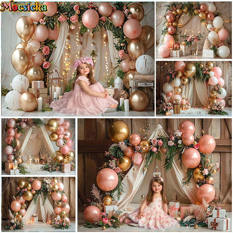 

Mocsicka Photography Background Bohe Balloon Floral Tent Decor Cake Smash Girl Birthday Party Portrait Backdrop Photo Studio