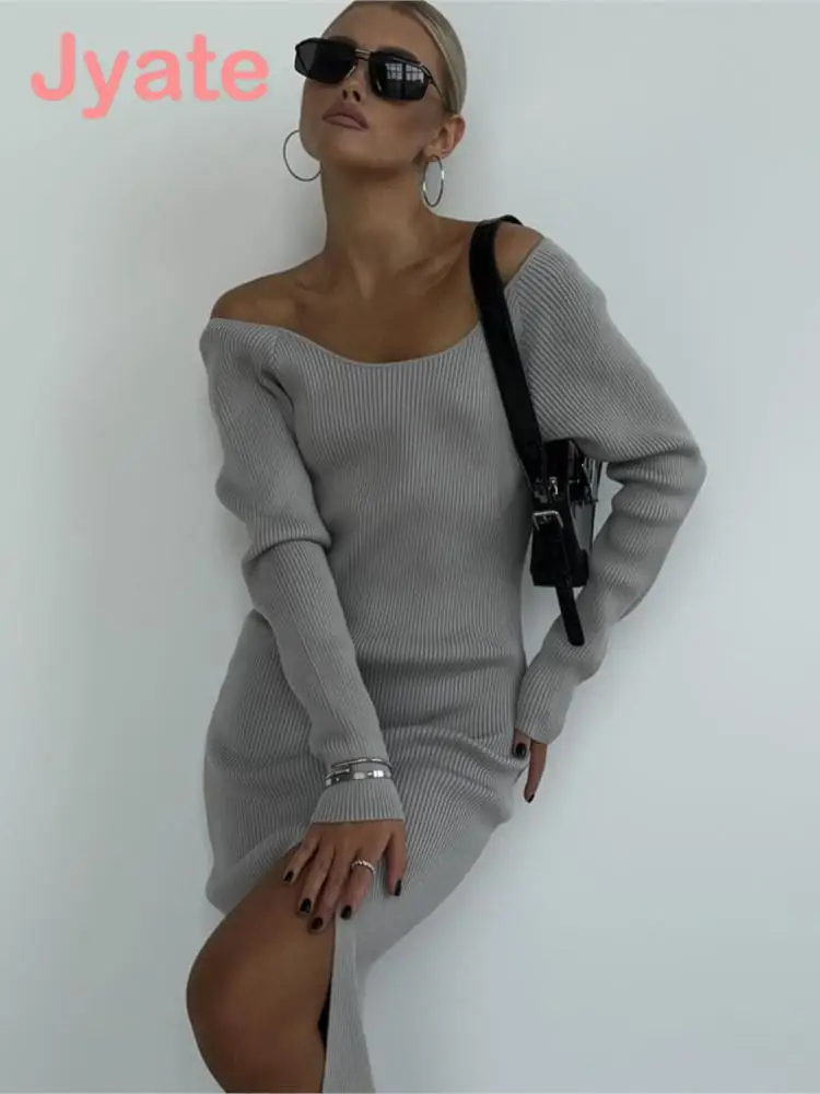 

Elegant Knitted Dress Women Fashion Sexy Backless Tight Long Dresses Autumn Winter 2023 V-neck Slim Ribbed Party Knitwear Robe