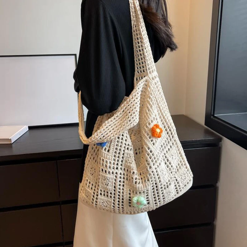 Women Crochet Tote Handbag Hollow Out Crochet Grocery Bag Solid Color Travel Shopping Totes Ladies Daily Shoulder Bag