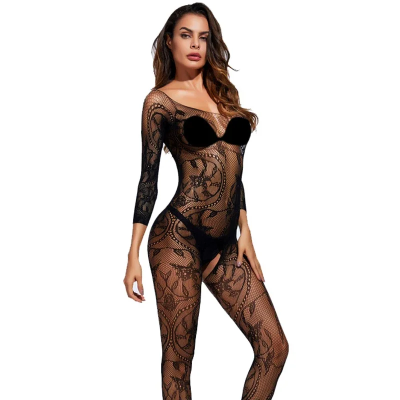 Woman Body Stocking Fishnet Sheer Sexy Leotard Sex Clothes Open Crotch Mesh Flower