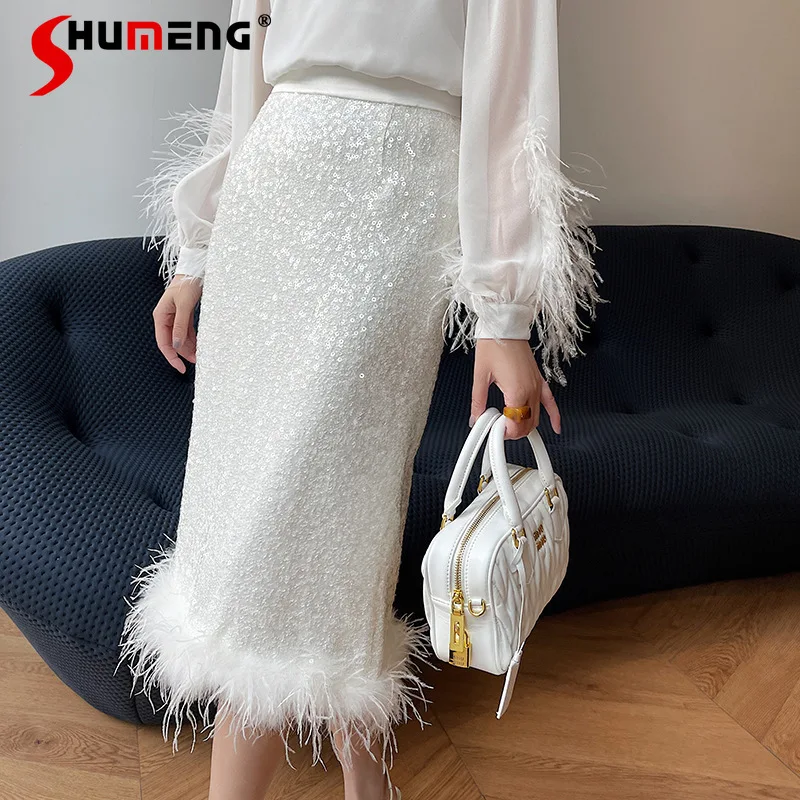 2023 Autumn And Winter Socialite White Sequined Slim-Fit Sheath Straight Midi Skirt Y2k Kawaii Long Skirts For Women's Clothing