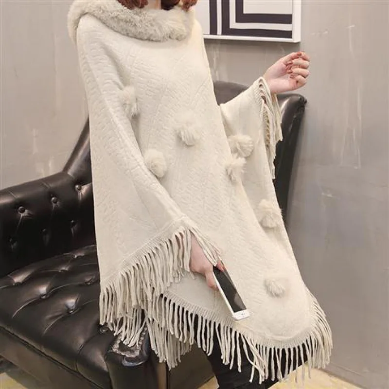 

Autumn Winter Imitation Rabbit Fur Ball Women's Coat Imitation Wool Collar Pullover Shawl Warmth Poncho Capes White Cloaks