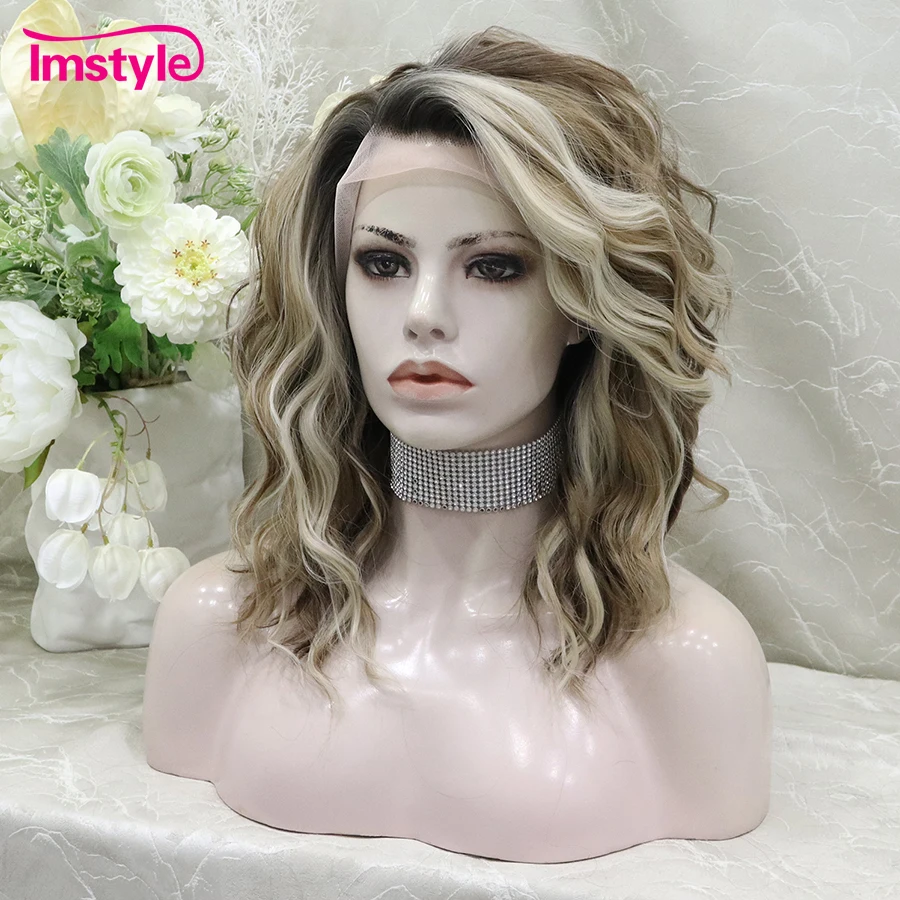 Synthetic Wig Imstyle Short Brown Lace Front Highlight Blonde Deep Wave For Women Heat Resistant Fiber Daily 14''