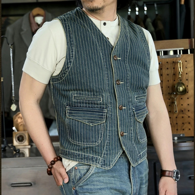 Men's Striped Denim Vest V-neck Slim Fit Western Classic Style Waistcoat 2