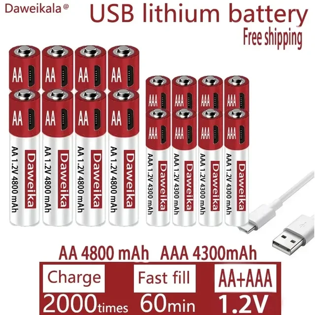 AA + AAA USB charging 1.2V AA 4800mAh rechargeable lithium battery remote control mouse toy battery 1