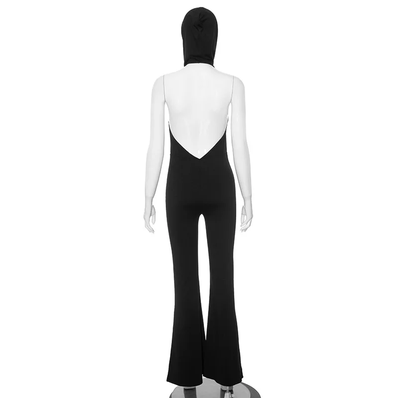 Women Solid Black Hooded Backless Slim Jumpsuit Spring 2024 Fashion Sleeveless Sexy Spicy Girls Flare Rompers Hipster Streetwear