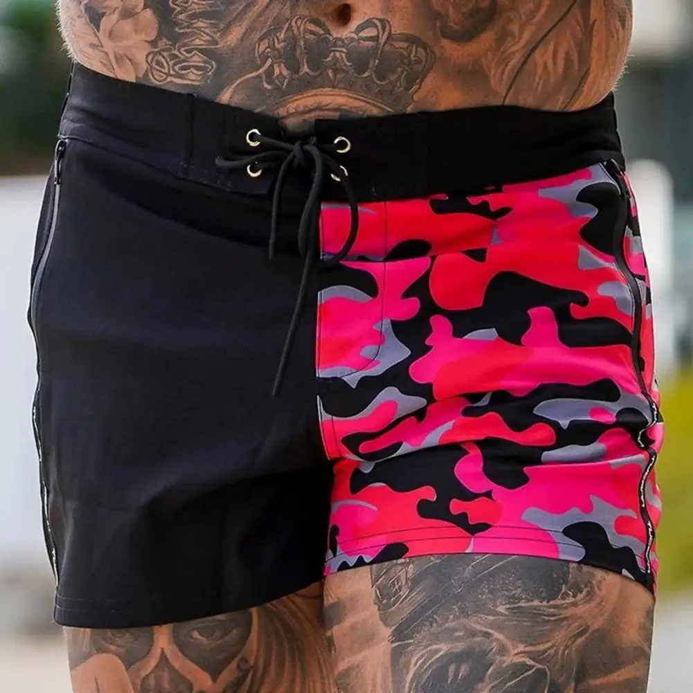 Men Summer Beach Shorts Elastic Waist Adjustable Drawstring Running Shorts Camouflage Print Patchwork Color Board Shorts