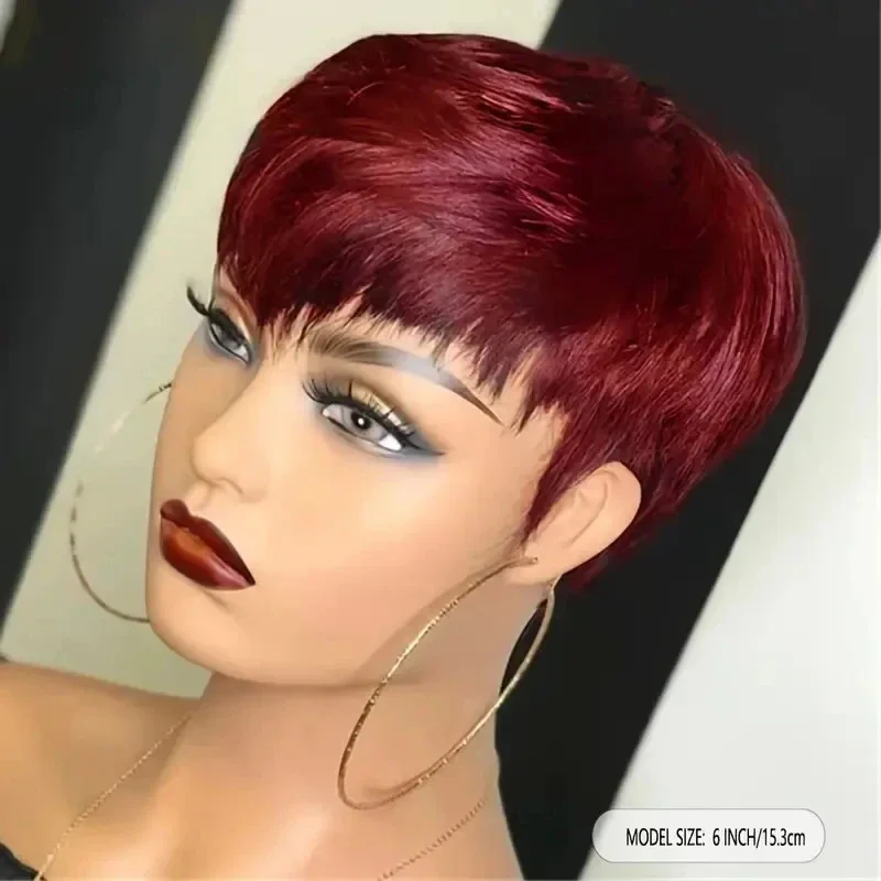 Human Hair Wigs Lolely Dream 99J Red Colored Pixie Cut Straigt Peluca Humana Baratas Full Machine