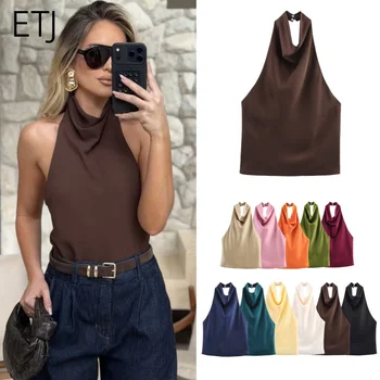 ETJ Women's 2026 Spring Cowl Neck Sleeveless Top Satin Backless Halter Blouse Elegant Party Night Out Wear Fashion Statement 1