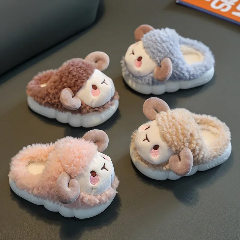 Cute Goat Graphic Home Slipper for Boy Girls Winter Warm Plush Kids Slippers 3-10Y Children's Soft Sole Girls Shoes 4
