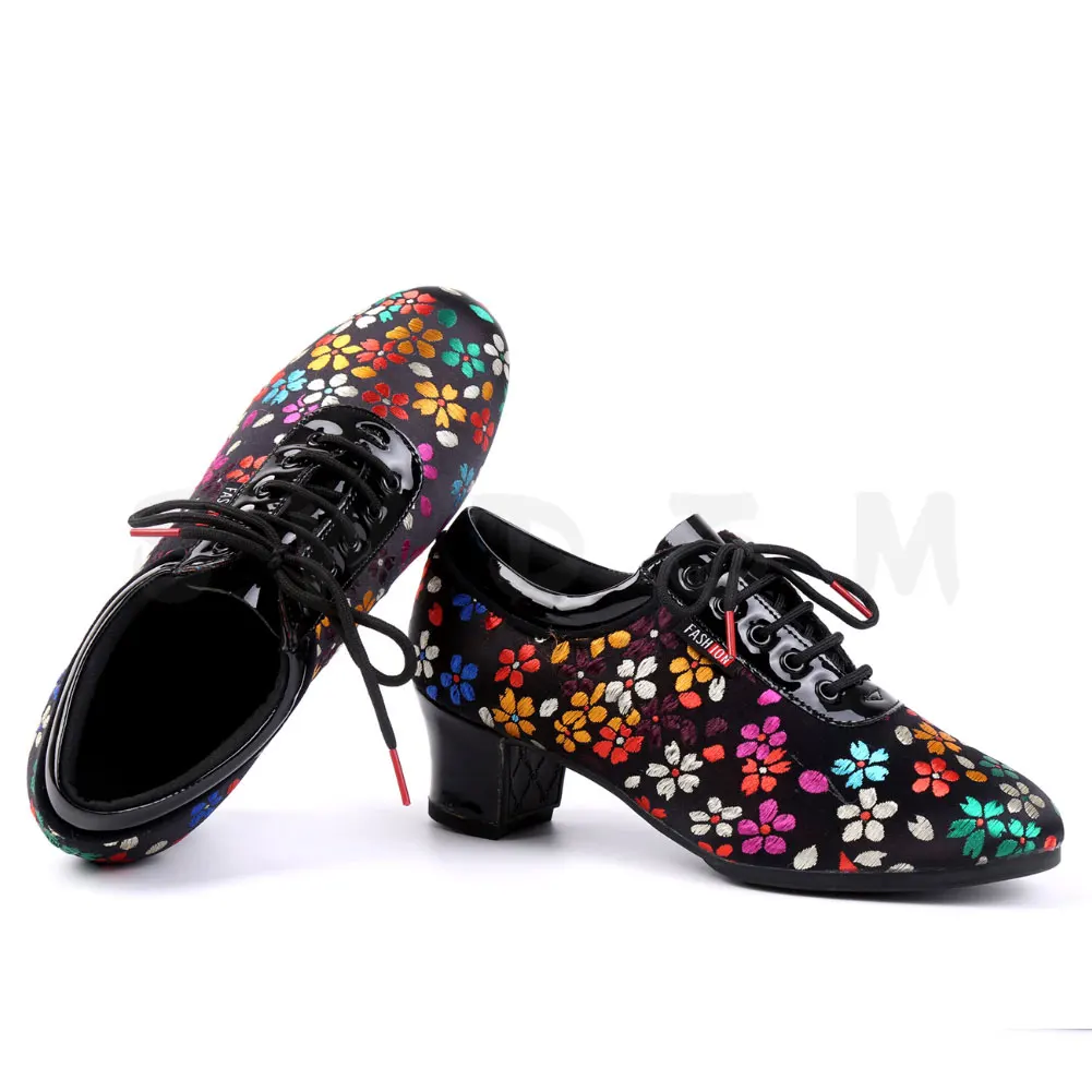 SWDZM Women Men Dance Shoes For Latin Modern Jazz Ballroom Dancing Shoes Salsa Practice Teacher Flower Rubber Shoe Cloth+PU 5